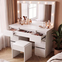 SCHMINKTISCH Lilia weiß mit LED-Beleuchtung und Hocker Melly - Weiß, Holz (108/140/41cm) - Juskys