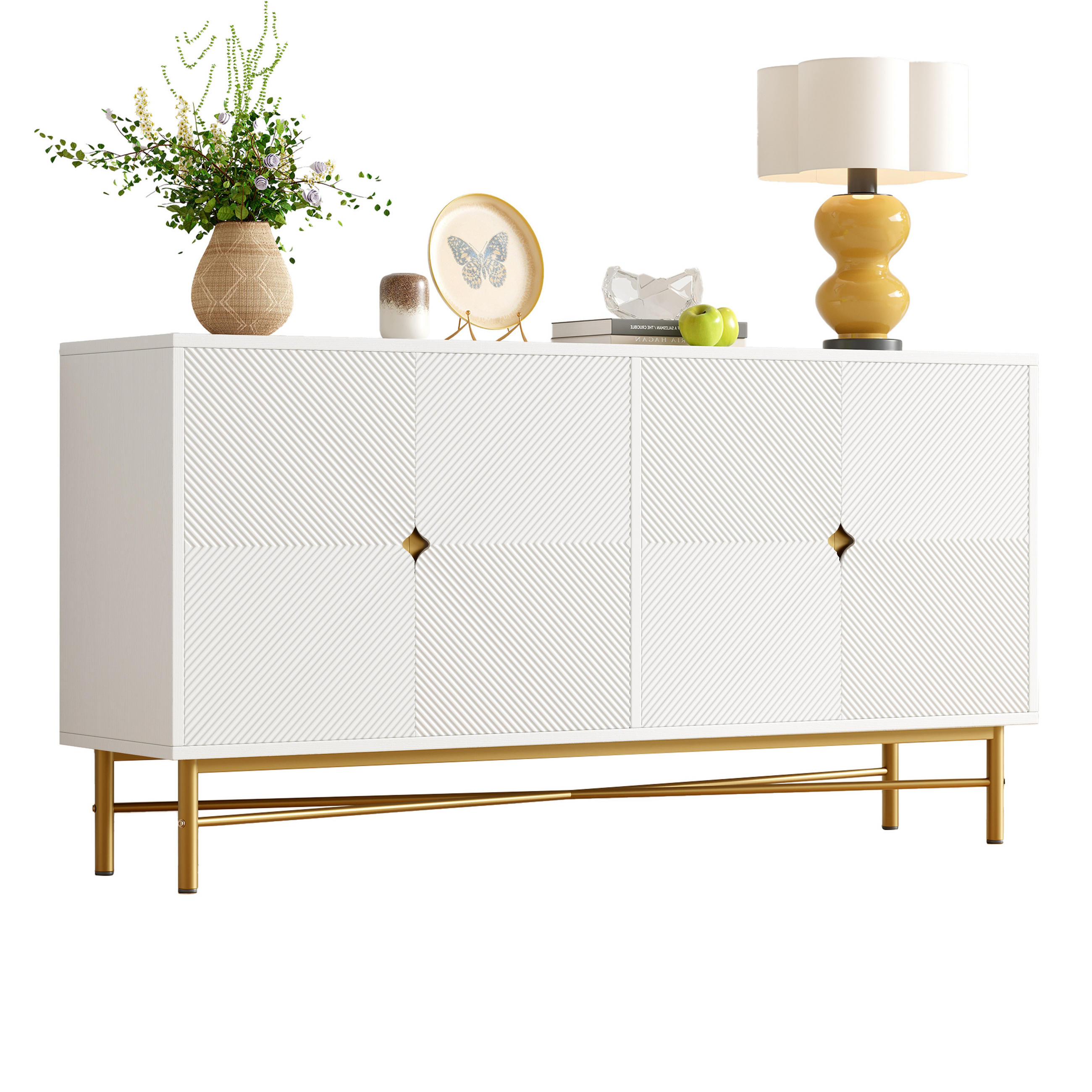 SIDEBOARD 160/40/82 cm mit 4 Türen in Weiß mit Strukturfronten & goldfarbenen Details - Weiß, Holzwerkstoff (160/82/40cm) - BEAOK
