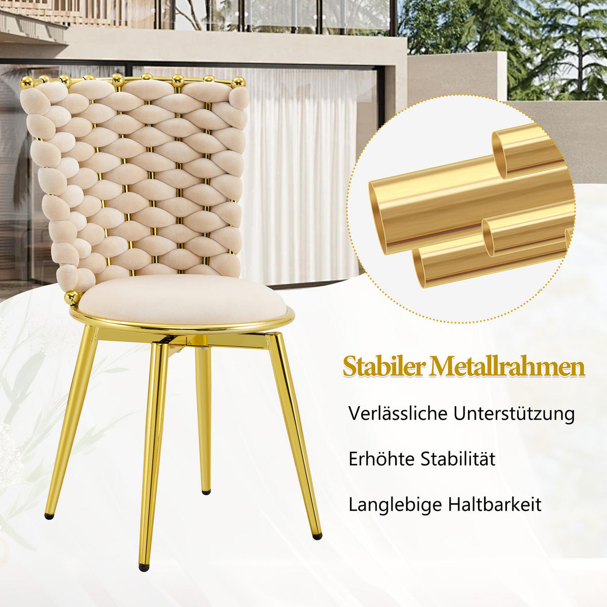 STUHL-SET DE-36805 2 Stück mit geflochtener Rückenlehne Beige - Beige, Metall (50.8/87.63/53cm) - ComfortXL