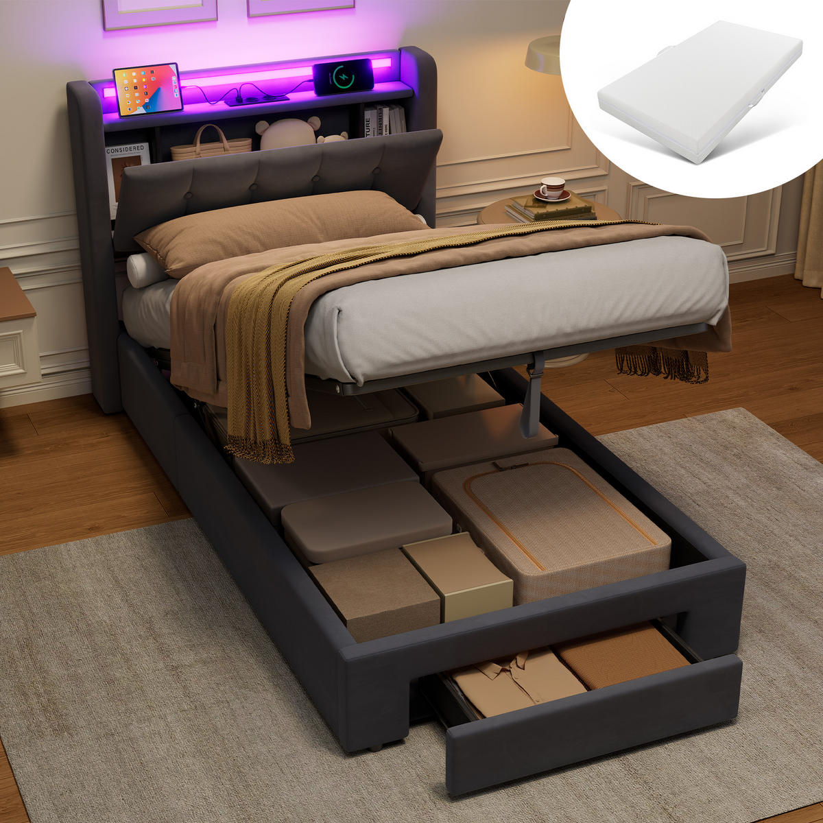 POLSTERBETT 90/190 cm aus Samt in Dunkelgrau, LED, USB, Ablage, seitliche Schubladen - Grau, Textil (90/190cm) - OKMYHOME