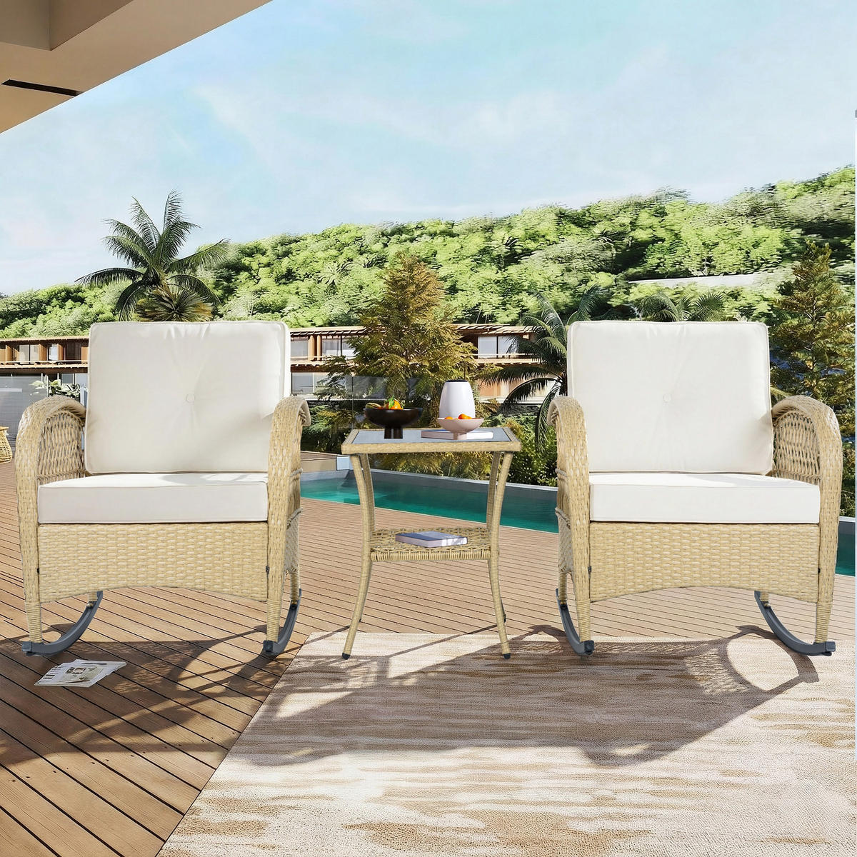 SCHAUKELSTUHLSET Rattan Schwarz/Beige 3-tlg. - Beige, Metall - ComfortXL