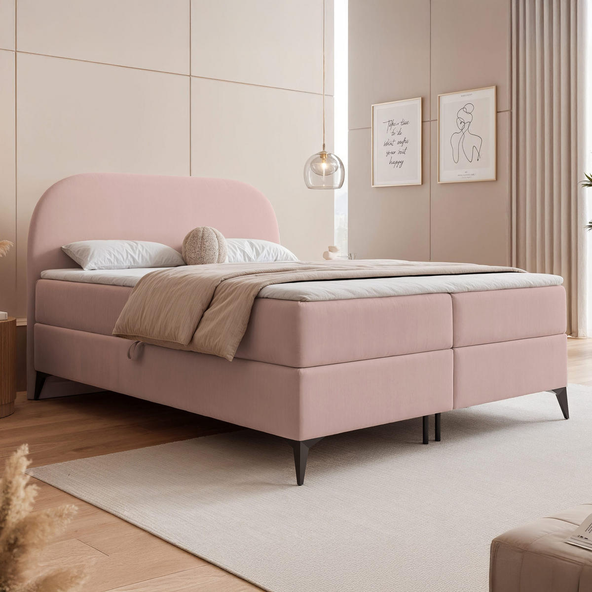 BOXBETT NOELIA 180/200 cm mit Matratze, Puderrosa - Altrosa, Textil/Metall (180/200cm) - Idohome