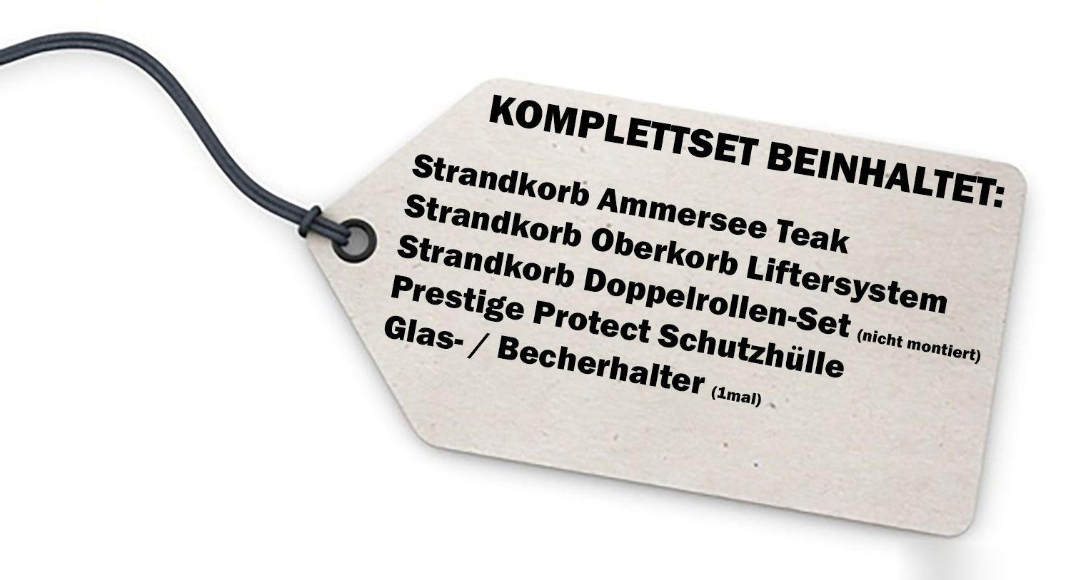 STRANDKORB Komplettset: Ammersee Teak Bullauge - PE shell - Modell 595 - Blau/Grau, Holz/Kunststoff (125/165/80cm) - bene living