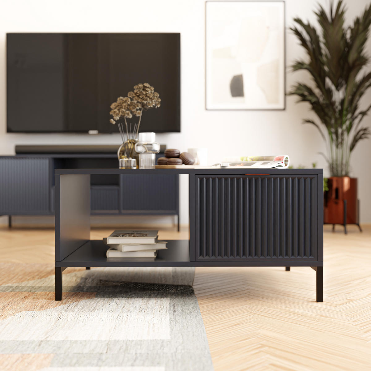 COUCHTISCH WAVE Modern mit Schublade, Blau - Schwarz/Dunkelblau, Holzwerkstoff/Metall (58/90/45.5cm) - Idohome