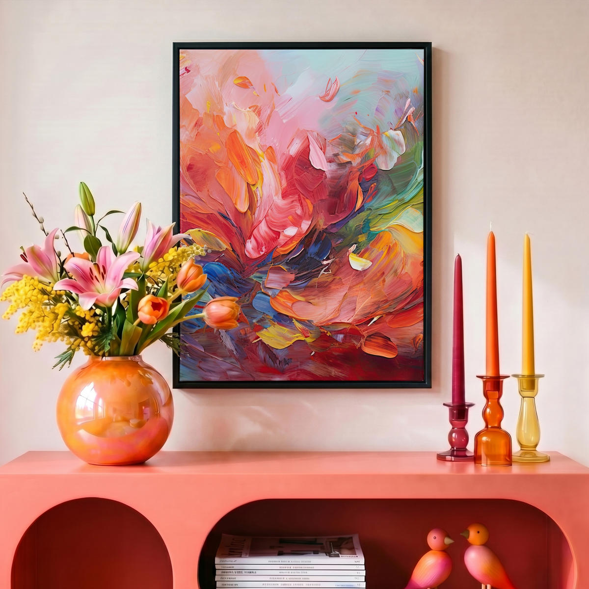 LEINWAND Bilder mit Rahmen - Ölgemälde - Kunst - Abstrakt - Farbenfroh - 30x40 - Altrosa, Textil (30/40cm) - MuchoWow