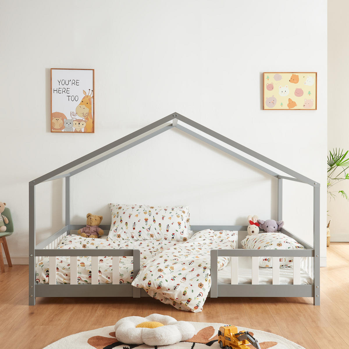 HAUSBETT Treviolo mit Matratze - Hellgrau/Weiß, Holz/Textil (140/200cm) - [en.casa]