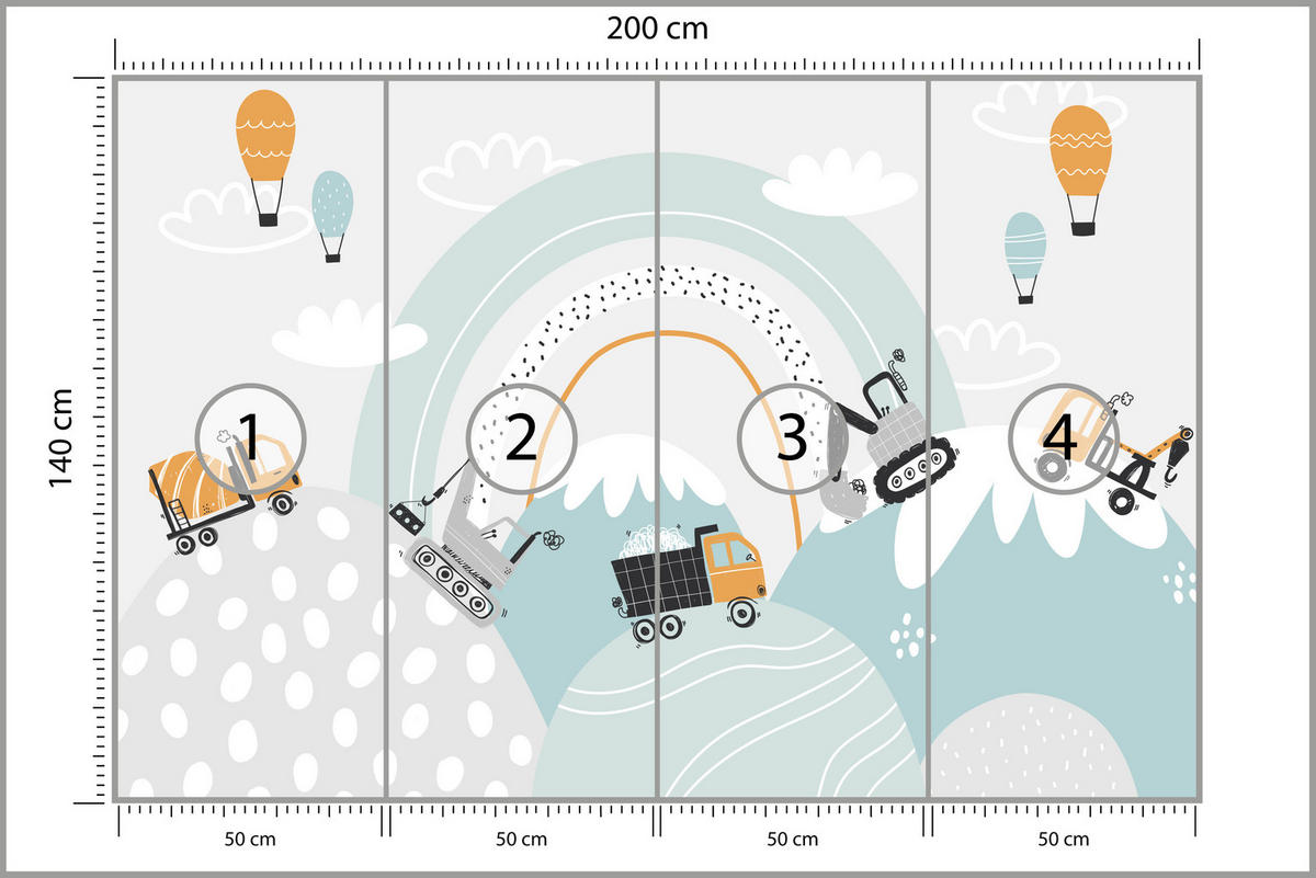 FOTOTAPETE für Kinderzimmer Baumaschinen Regenbogen Hügel Wolken 200x140 - Blau/Schwarz, Papier (200/140cm) - Muralo