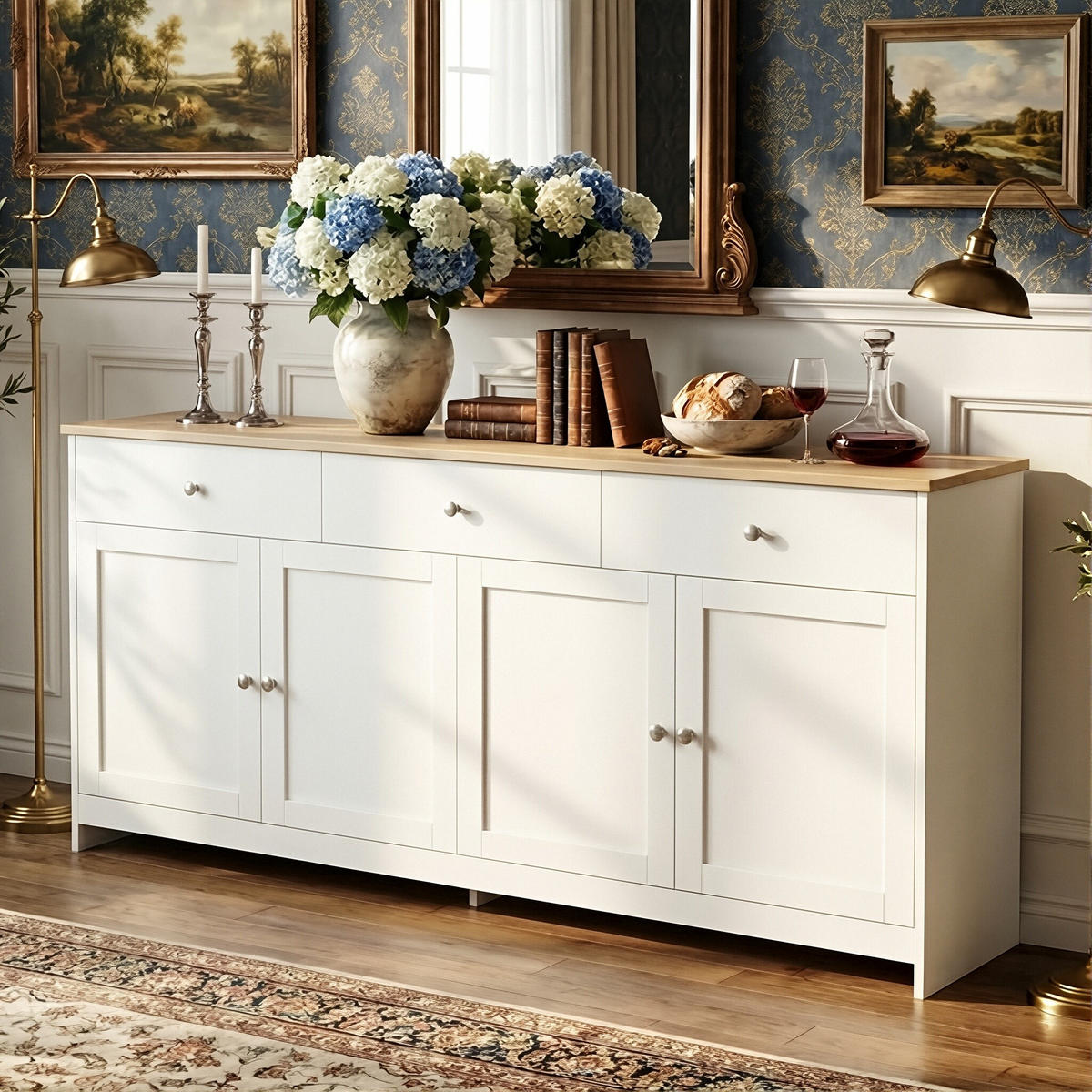 SIDEBOARD Landhausstil mit 4 Türen & 3 Schubladen 160/37/75 cm Weiß/Eiche - Weiß, Holzwerkstoff (160/75/37cm) - Creahappy