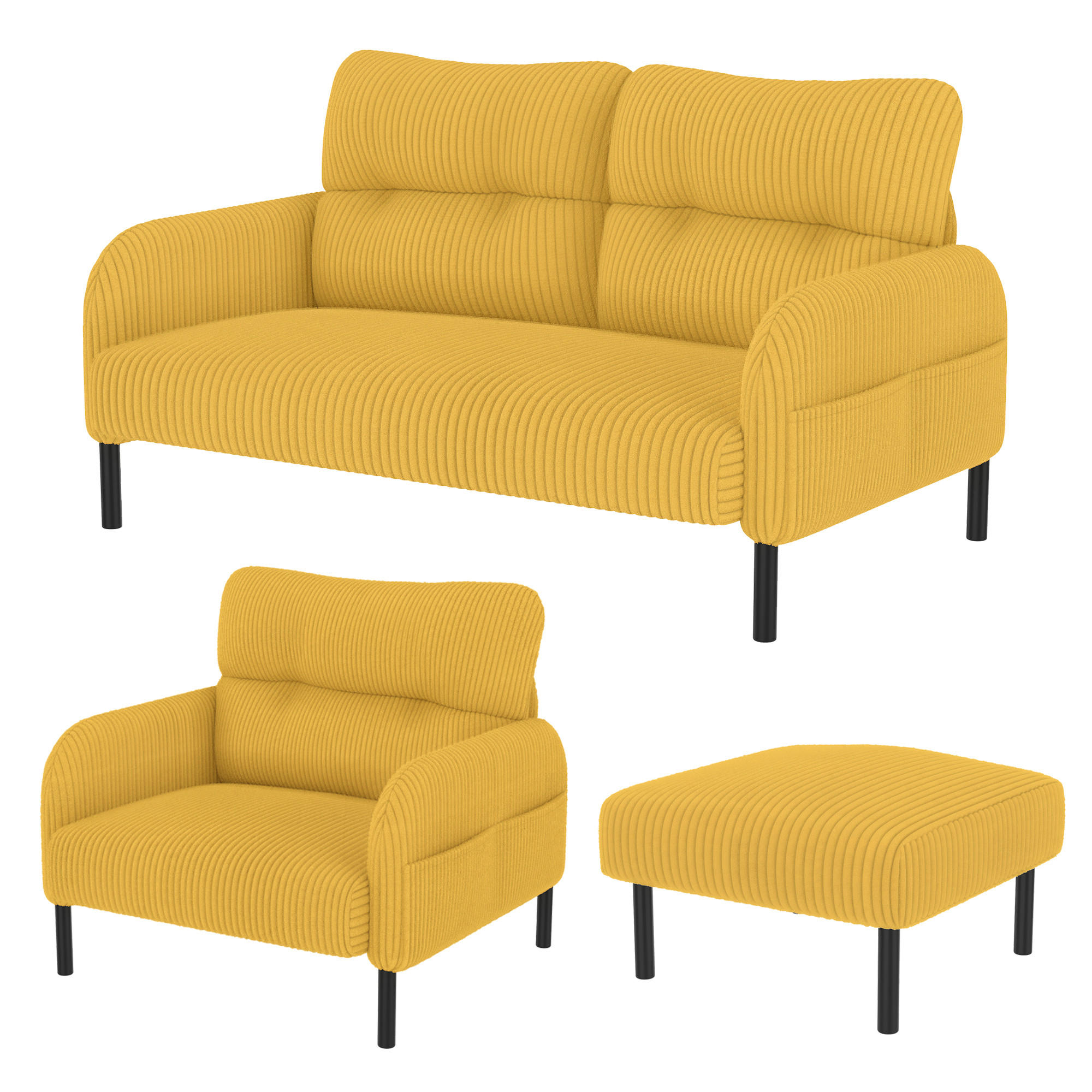 SOFA Set, 2-Sitzer+Sessel+Hocker, Cord, Gelb - Gelb/Schwarz, Textil/Metall (120/79/75cm) - LVHOM