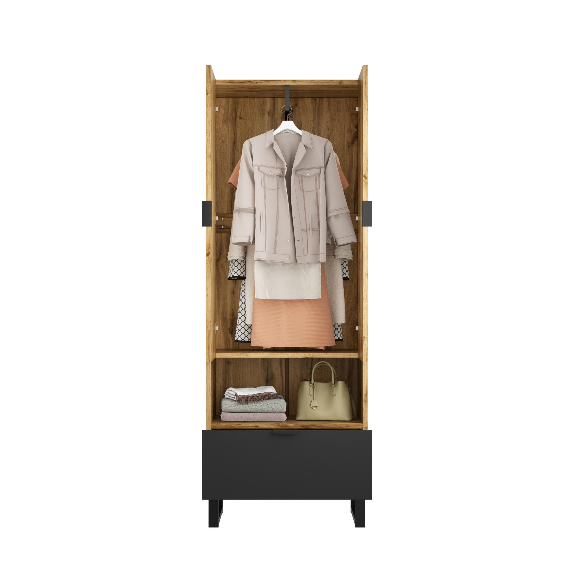 GARDEROBE Garderobenschrank Kleiderschrank Schuhschrank Hängestange verstellbare Regale offenes Fach Schublade - Schwarz/Naturfarben, Holzwerkstoff/Metall (65/180/38cm) - EVRYAE