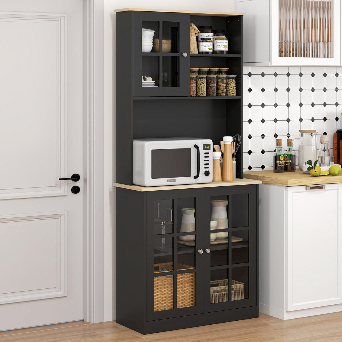 KÜCHENSCHRANK Schwarz und Eiche-Nachbildung, 3 Glastüren, 80/37/183 cm - Schwarz, Holz (203.2/464.82/93.98cm) - PANGIVO