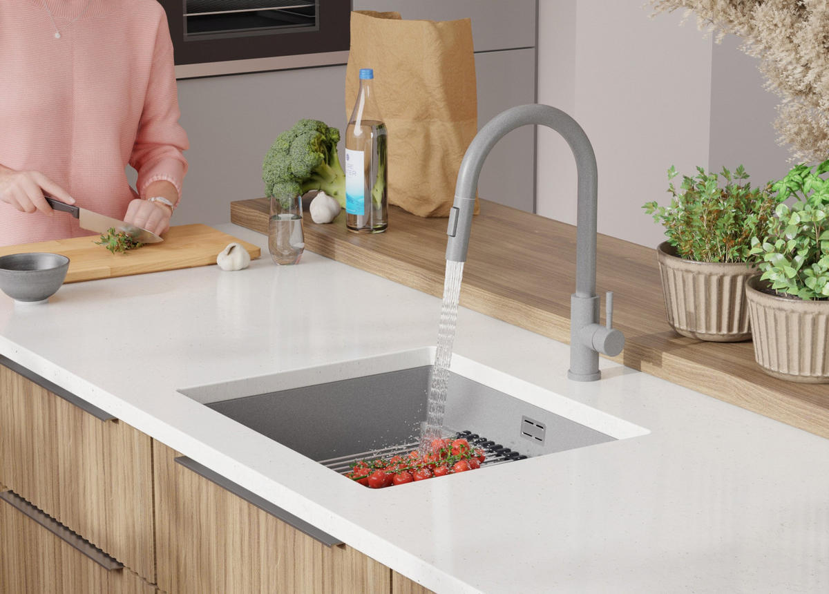 UNTERBAUSPÜLE GRANIT Praga, 2-er set Grau 56/47 cm 1 Becken + Ablauf-Set + Aufrollbare Abtropffläche ab 60er Unterschrank - Chromfarben/Grau, Kunststoff (56/20/47cm) - Primagran