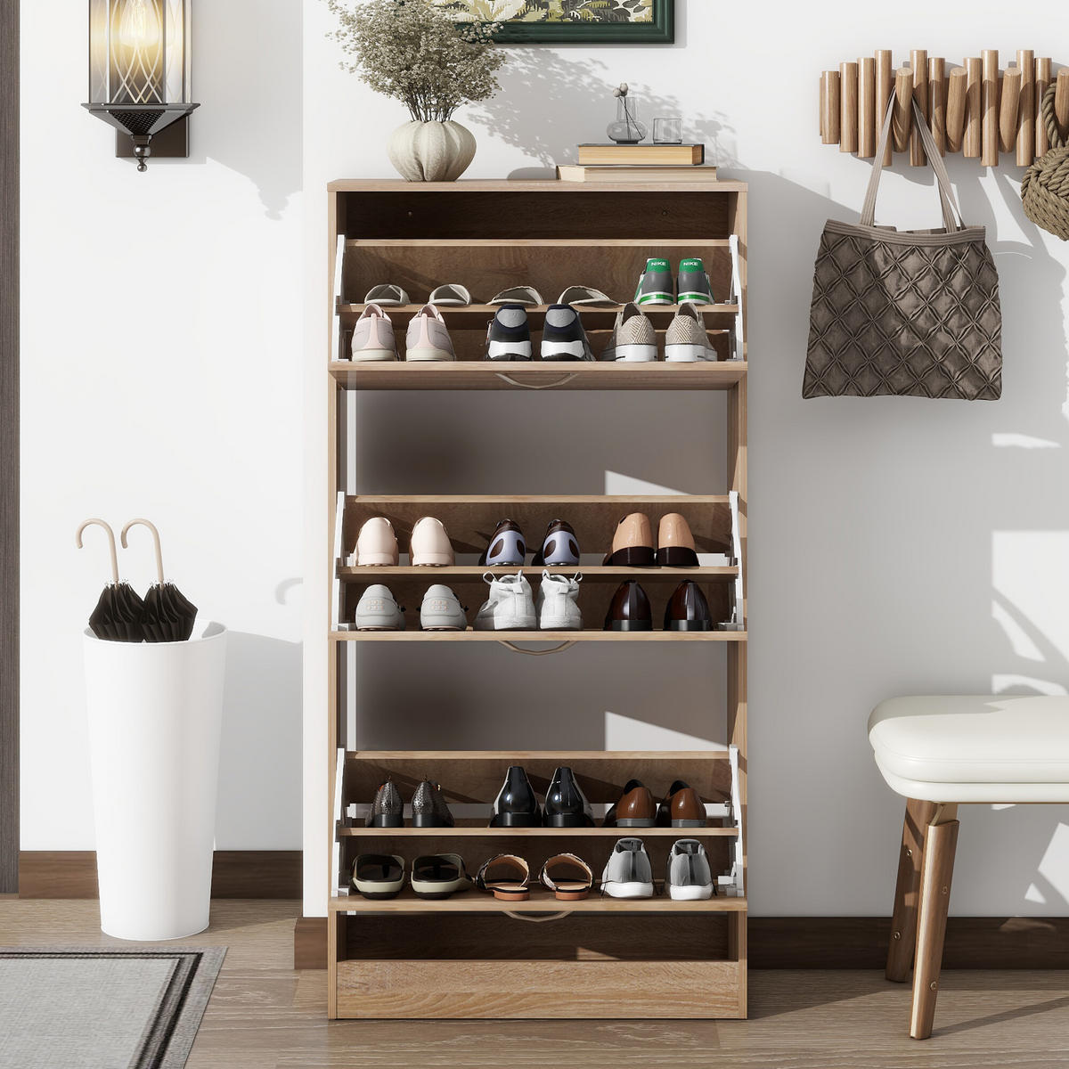 SCHUHSCHRANK mit 3 Klappen 60/24/120 cm - Hellbraun, Holzwerkstoff (24/120/60cm) - Urban Meuble