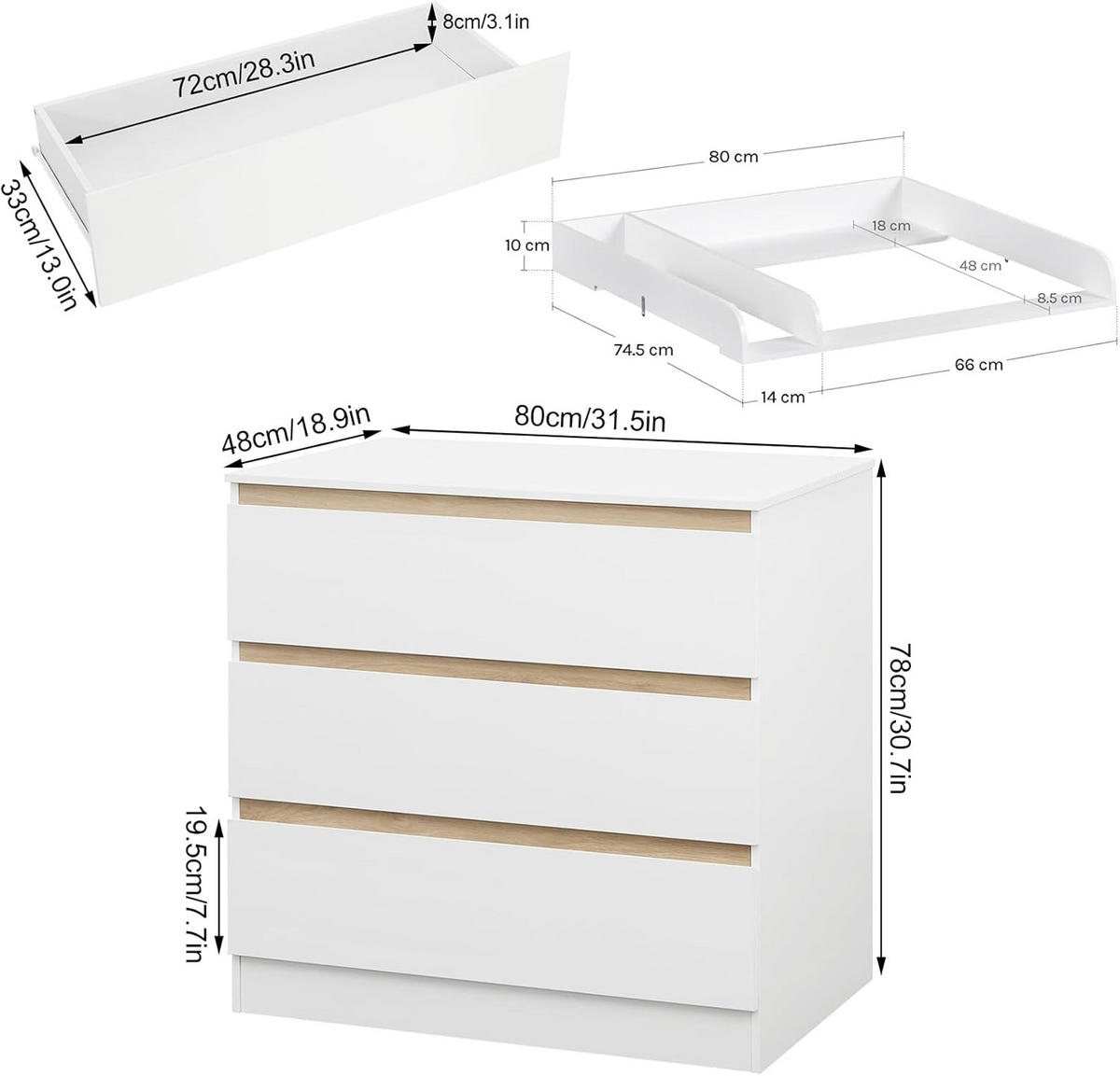 WICKELKOMMODE mit 3 Schubladen Weiß+Eiche 48 x 80 x 78 cm - Eichefarben, Holzwerkstoff (80/78/48cm) - Woltu