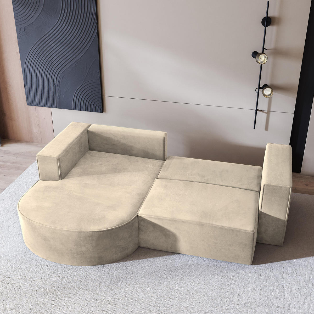 ECKSOFA SORELA M L-S Creme Velours-Stoff mit Schlaffunktion - Creme, Holz (263/174cm) - MASSENO