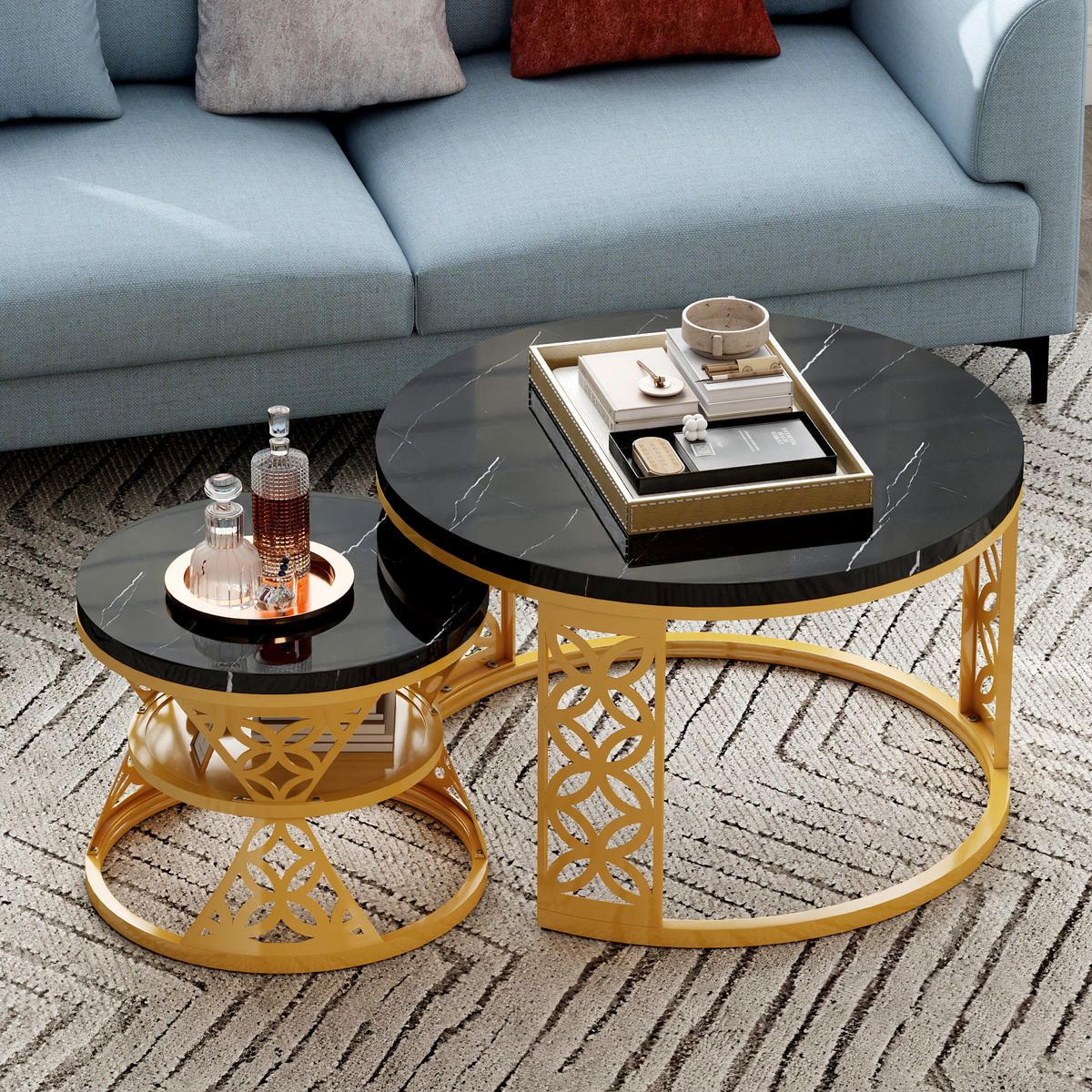 COUCHTISCH 2-teiliges Set Nesting Satztisch 70x70x45 cm + 45x45x37 cm Schwarz und Gold mit Marmor Furnier - Schwarz, Holzwerkstoff (70/70/45cm) - Modfu