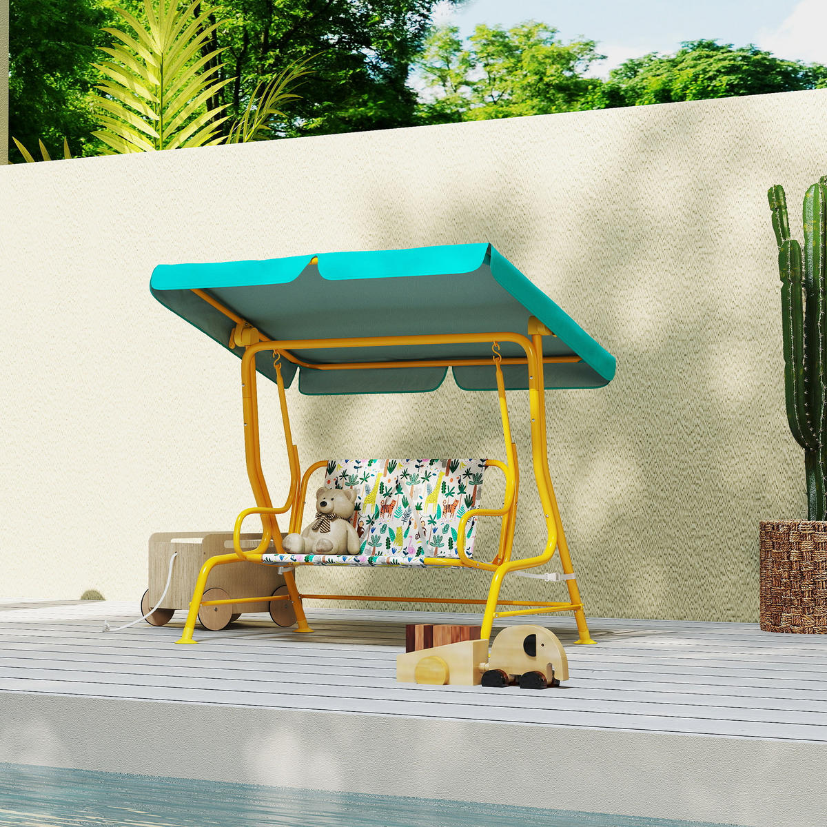 KINDER Hollywoodschaukel, 2-Sitzer Kinderschaukel mit verstellbarem Sonnendach - Gelb/Grün, Textil/Metall (75/120/112cm) - AIYAPLAY