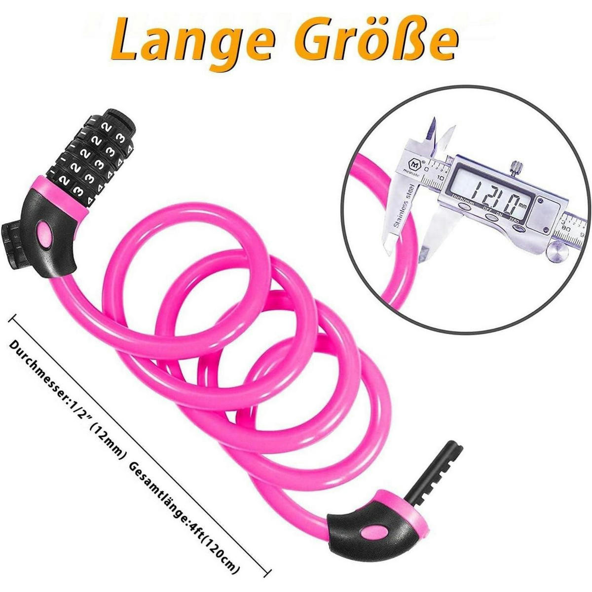 KABELSCHLOSS 120 cm mit Zahlenschloss und Halterung Rosa - Pink, Metall (4.1/16/15.3cm)