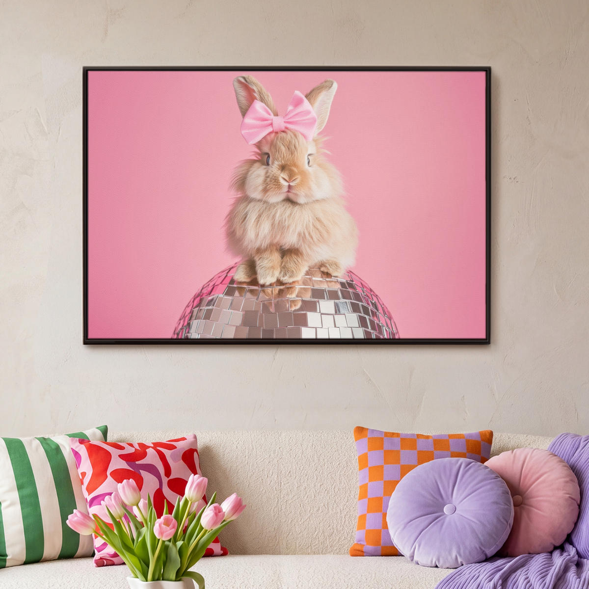 LEINWAND Bilder mit Rahmen - Schleife - Discoball - Kaninchen - 90x60 - Pink, Textil (90/60cm) - MuchoWow