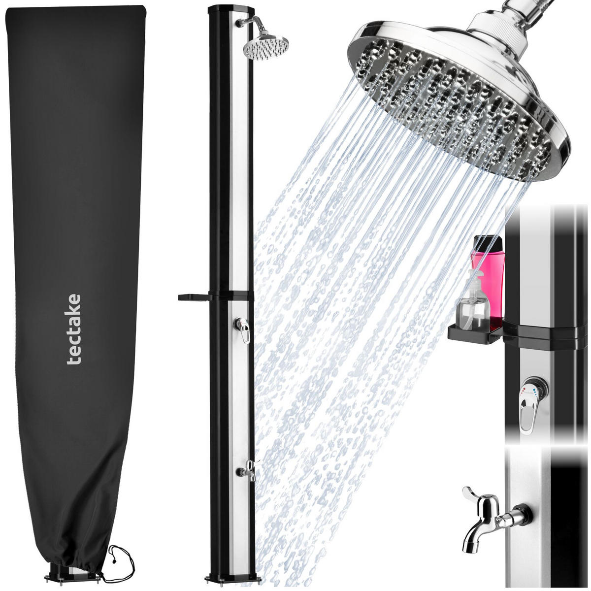 SOLARDUSCHE Ofanto, extra Wasserhahn, inklusive Schutzhülle, schwarz/silber - Silberfarben/Schwarz, Kunststoff (18/217/44.5cm) - tectake