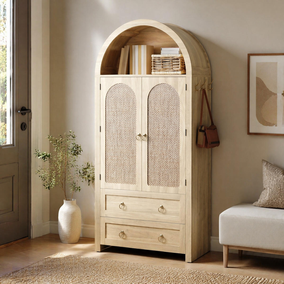 SIDEBOARD in Eichenholzoptik 80/40/180 cm aus MDF mit Korbgeflecht-Türen, Schubladen und Stauraum - Eichefarben, Holzwerkstoff/Metall (80/180/40cm) - CHICFURN