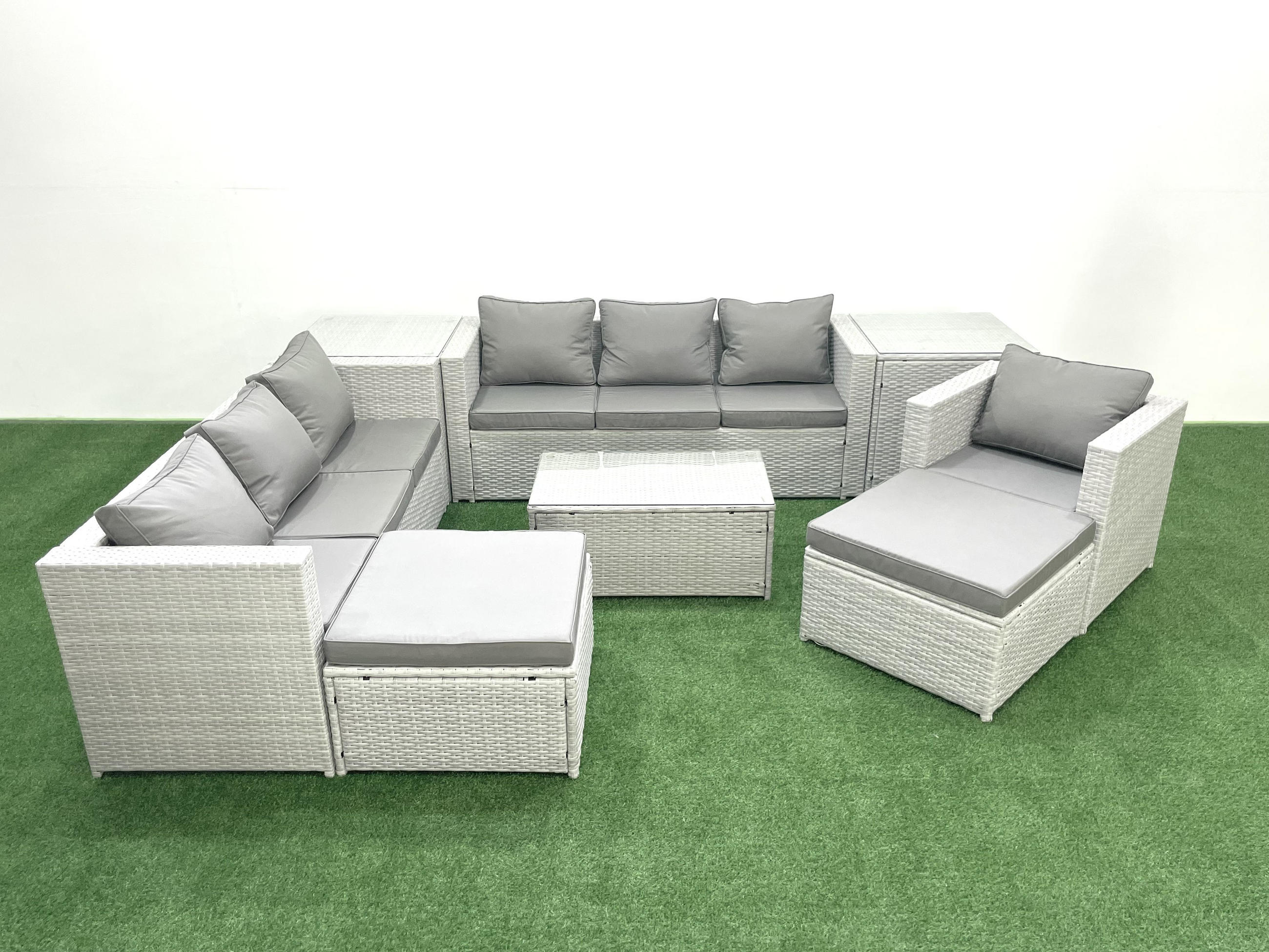GARTENGARNITUR mit 3-SITZER SOFA,COUCHTISCH Polyrattan Hellgrau-Mix 9-Sitzer - Hellgrau/Grau, Glas/Kunststoff - Fimous
