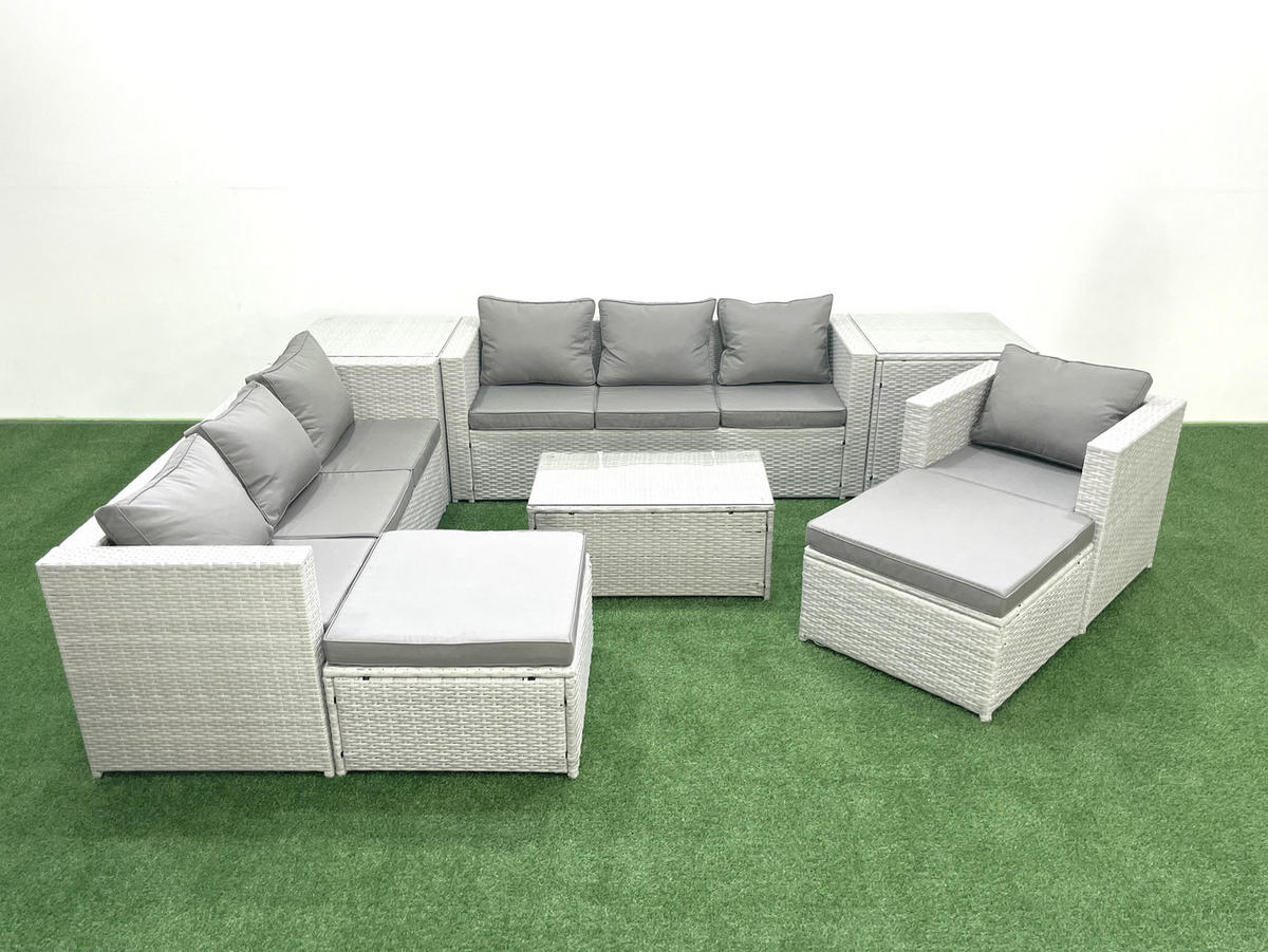 GARTENGARNITUR mit 3-SITZER SOFA,COUCHTISCH Polyrattan Hellgrau-Mix 9-Sitzer - Hellgrau/Grau, Glas/Kunststoff - Fimous