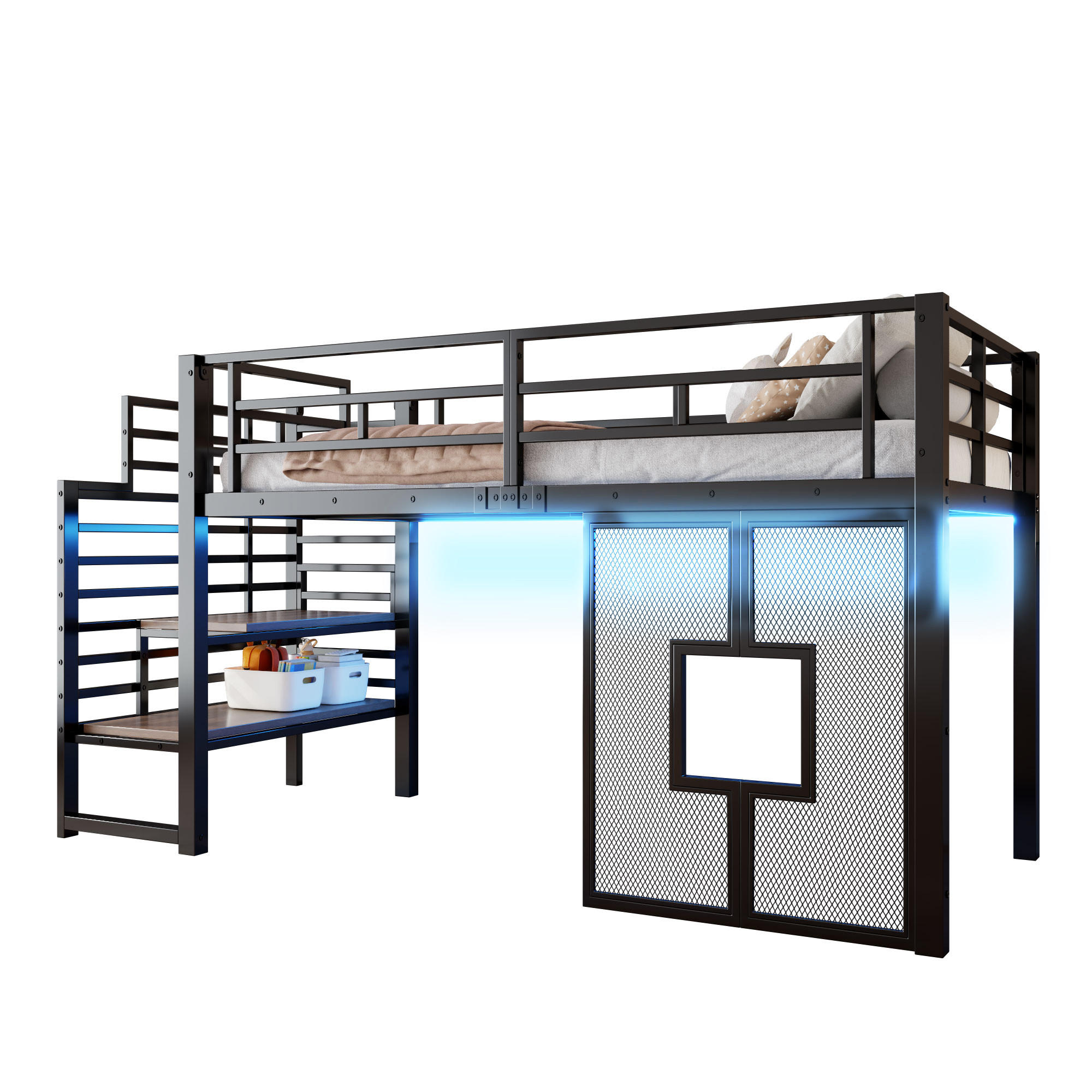 HOCHBETT 90/200 cm in Schwarz mit Stauraumtreppe, LED und Fenstern - Schwarz, Holzwerkstoff/Metall (90/200cm) - STILVORA