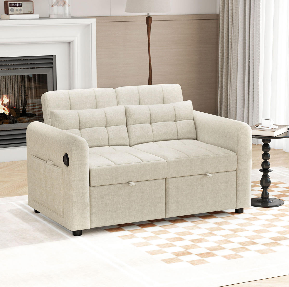 SCHLAFSOFA 142/85/83 cm in Beige – 3-in-1 mit USB - Beige, Textil (85/83/142cm) - BEAOK