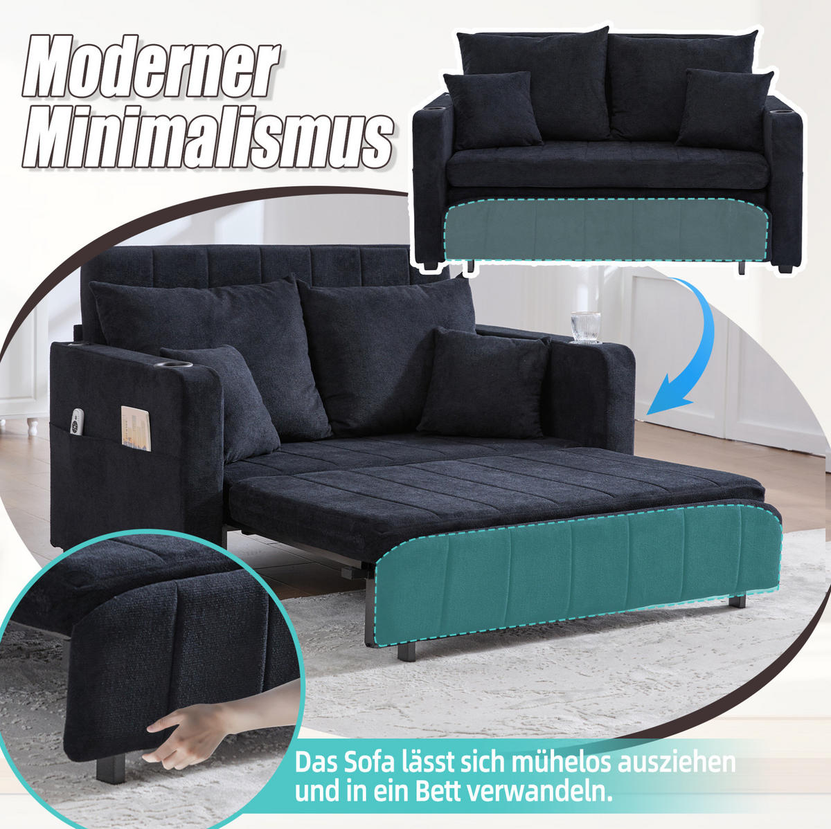 SCHLAFSOFA 139/83/58 cm ausziehbar mit Schlaffunktion und Seitentaschen, Schwarz - Schwarz, Textil (139/83/73cm) - Redom