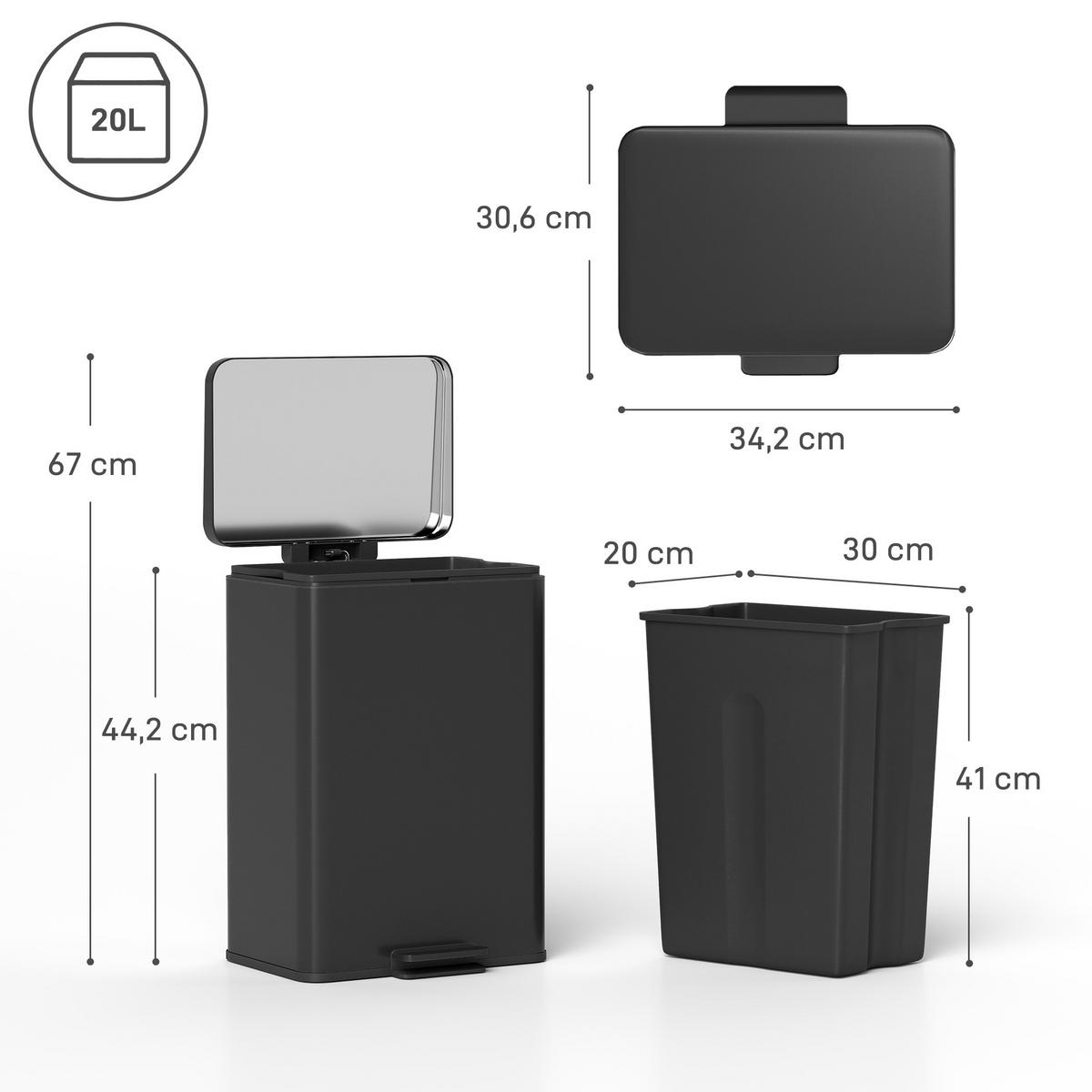 MÜLLEIMER Edelstahl Kunststoff Schwarz - Schwarz, Metall (30.6/44.2/34.2cm) - HOMCOM