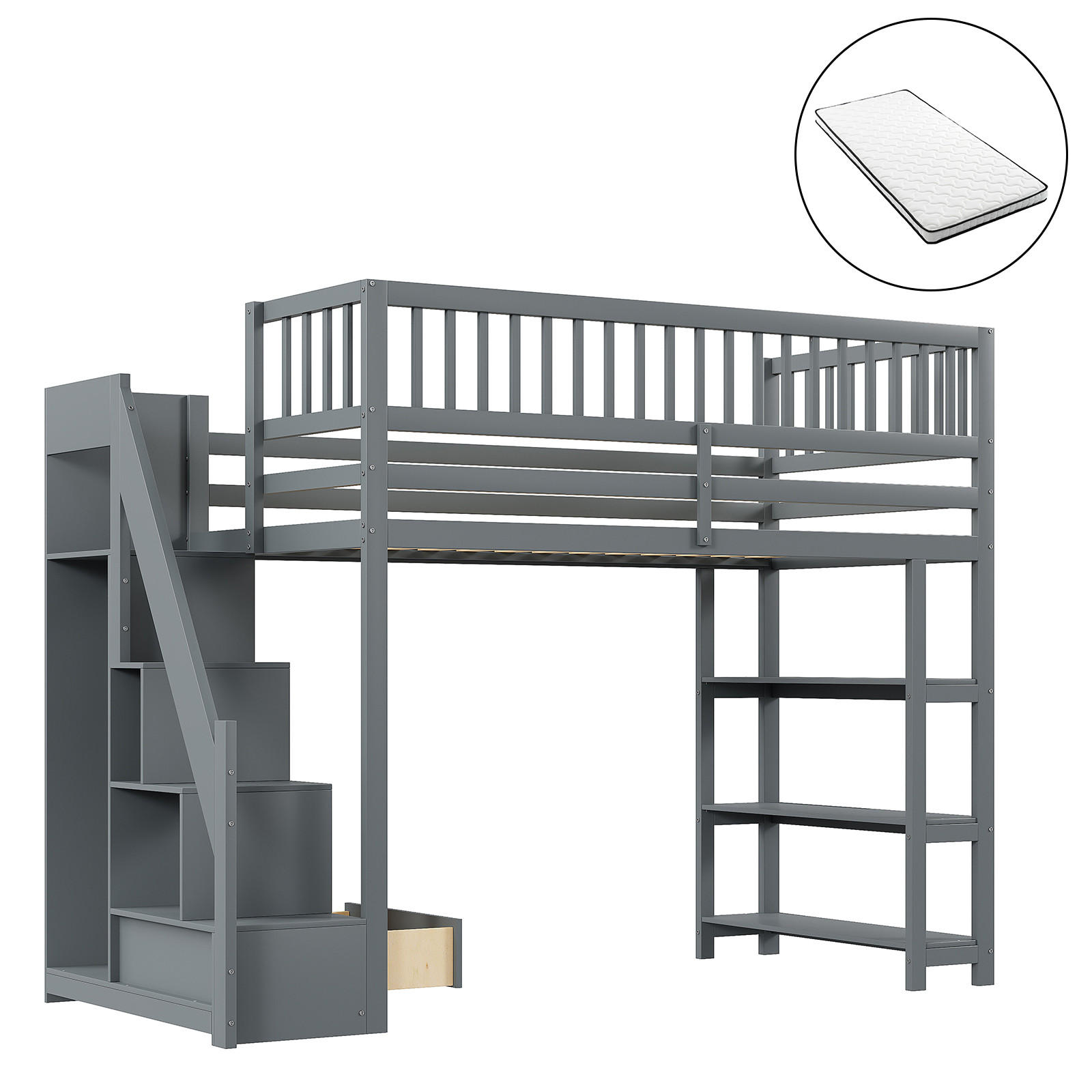 HOCHBETT 90/200 cm Grau mit Sicherheitsleiter und Stauraum mit Matratze - Grau, Holzwerkstoff (90/200cm) - OKWISH