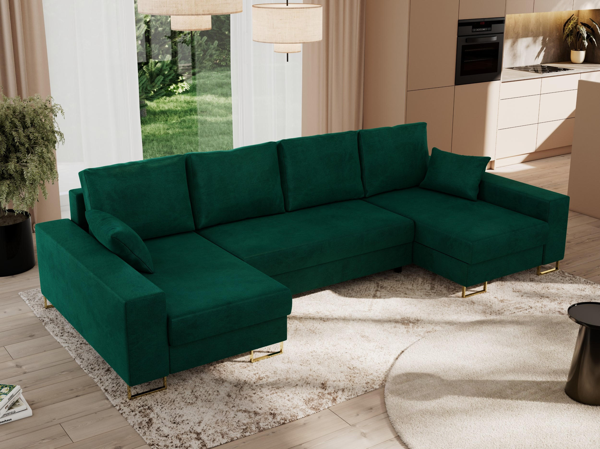 WOHNLANDSCHAFT DORIAN U Velvet Dunkelgrün - Dunkelgrün/Goldfarben, Textil/Metall (312/95/138cm) - MKS