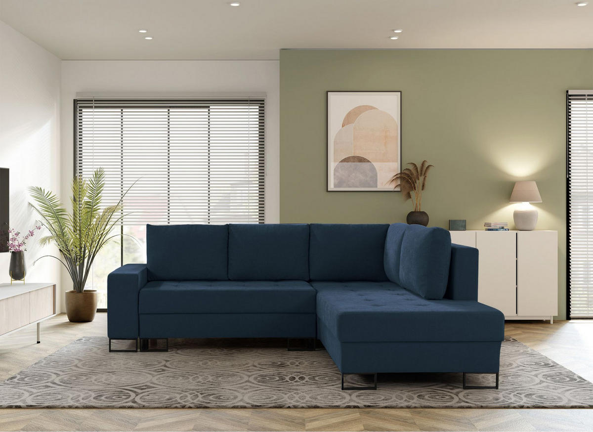 ECKSOFA Larelle Dunkelblau Chenille 245 cm - Schwarz/Dunkelblau, Textil/Metall (200/245cm) - Selsey