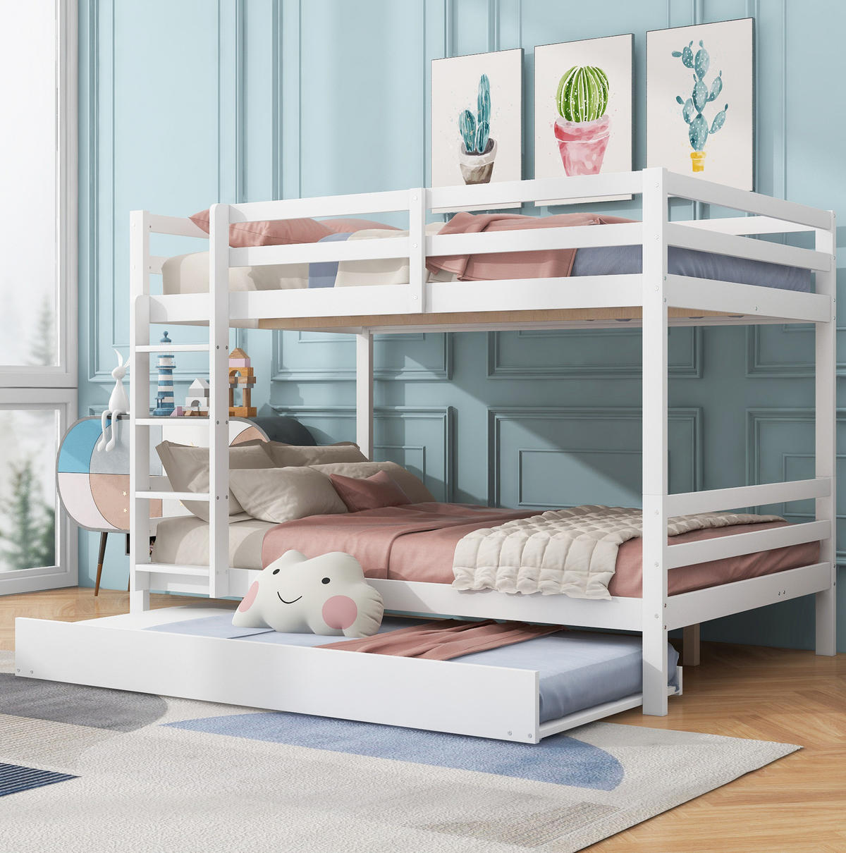 ETAGENBETT 140/200 cm in Weiß mit Ausziehbett und stabiler Treppe - Weiß, Holz (140/200cm) - OKMYHOME