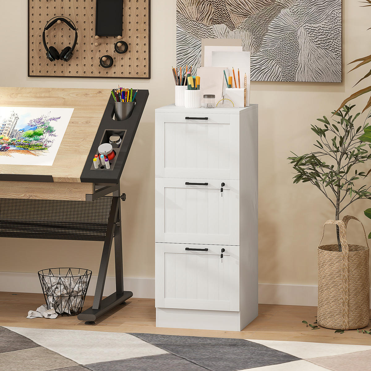 AKTENSCHRANK DE-14448 3 Schubladen abschließbar mit Hängeakten Weiß - Weiß, Holzwerkstoff (40/101/40cm) - ComfortXL