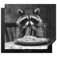 HERDABDECKPLATTE Waschbär - Niedlich - Pasta - Tischtuch - Schwarz - Weiß Herdabdeckung Induktionsfeld 60x52 cm - Grau, Kunststoff (60/52/0.2cm) - MuchoWow