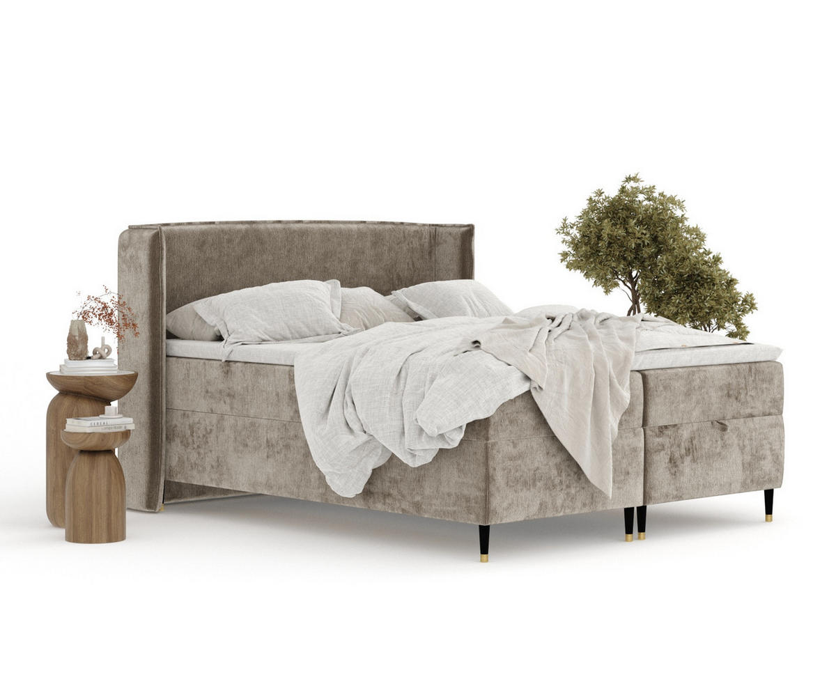 BOXBETT Monpelli Beige 140/200 cm mit Matratze und Topper - Beige/Schwarz, Holz/Holzwerkstoff (140/200cm) - Maison de Reve