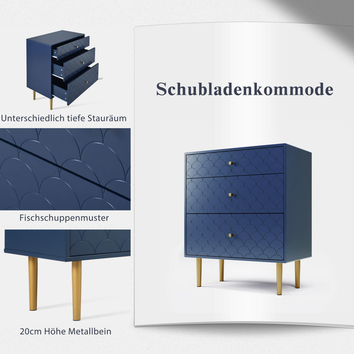 KOMMODE 75/40/89 cm mit 3 Schubladen und Metallbeinen in Marineblau - Dunkelblau, Holz (75/89/40cm) - BEAOK