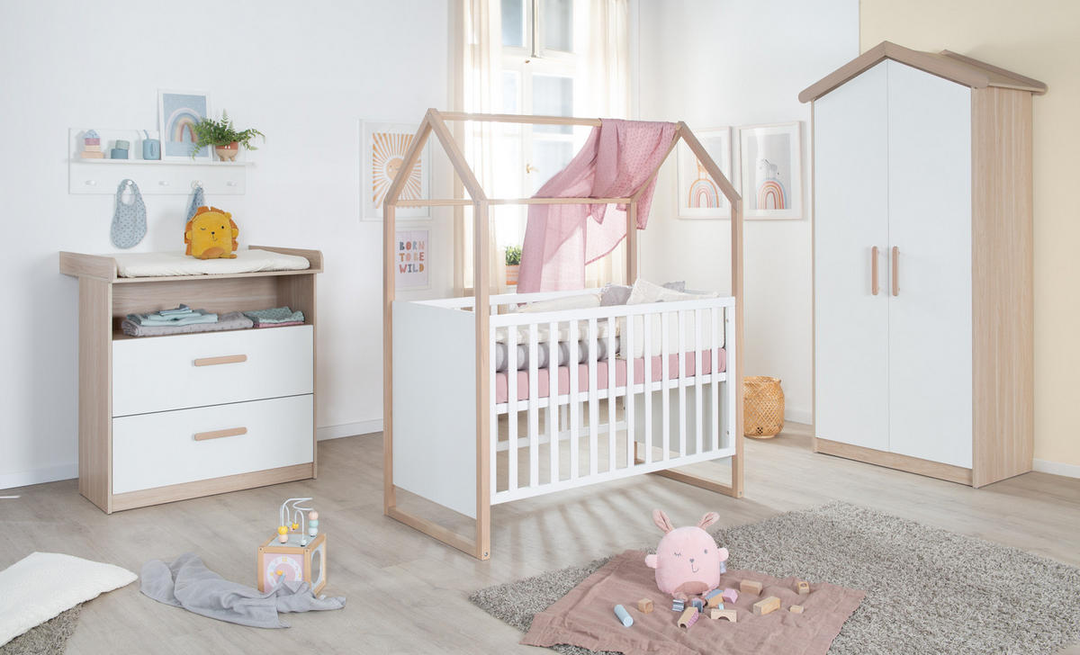 BABYZIMMER SET Cabane 3-teilig - Eichefarben/Weiß, Holz/Holzwerkstoff (96/190/50cm) - Roba