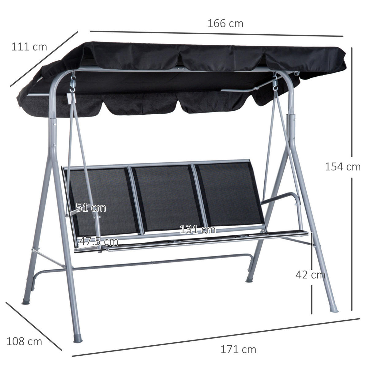 HOLLYWOODSCHAUKEL 171/108/154 cm aus Metall mit verstellbarem Dach und 3 Sitzplätzen, Grau - Grau, Metall (108/154/171cm) - Redom