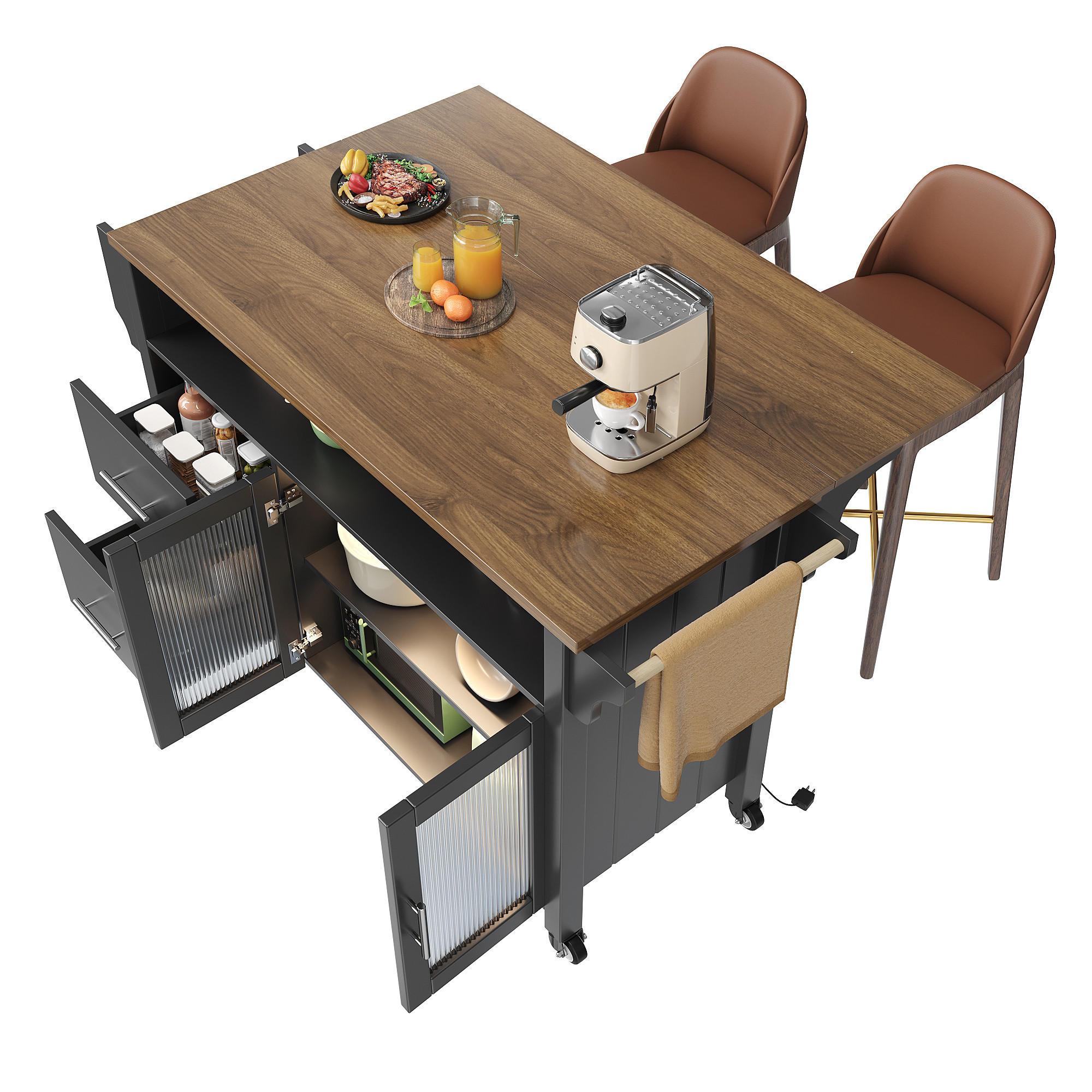 KÜCHENINSEL in Schwarz Küchentisch mit Holzmaserung, Glasvitrine, LED, Rollen,Handtuchhalter und Stauraum,B139/T65/H94cm - Schwarz, Glas/Holzwerkstoff (139/94.5/65cm) - STILVORA