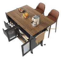 KÜCHENINSEL in Schwarz Küchentisch mit Holzmaserung, Glasvitrine, LED, Rollen,Handtuchhalter und Stauraum,B139/T65/H94cm - Schwarz, Glas/Holzwerkstoff (139/94.5/65cm) - STILVORA