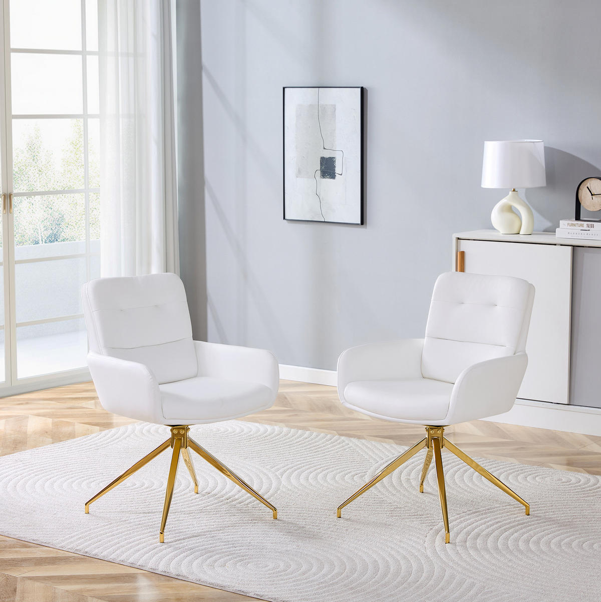 DREHSTUHL 2er-Set 360° drehbar 85 cm PU Weiß Goldfarben - Weiß, Metall (50/85/55cm) - Meubliv