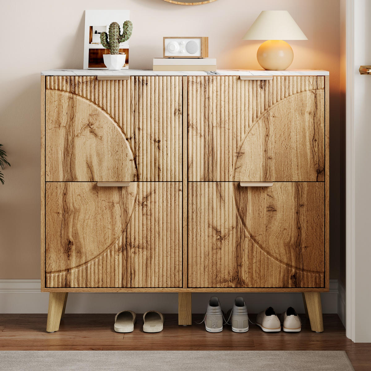 SCHUHSCHRANK aus MDF 105x24x95,5cm in Natur mit 4 Klapptüren - Naturfarben, Holzwerkstoff (105/95.5/24cm) - Modfu