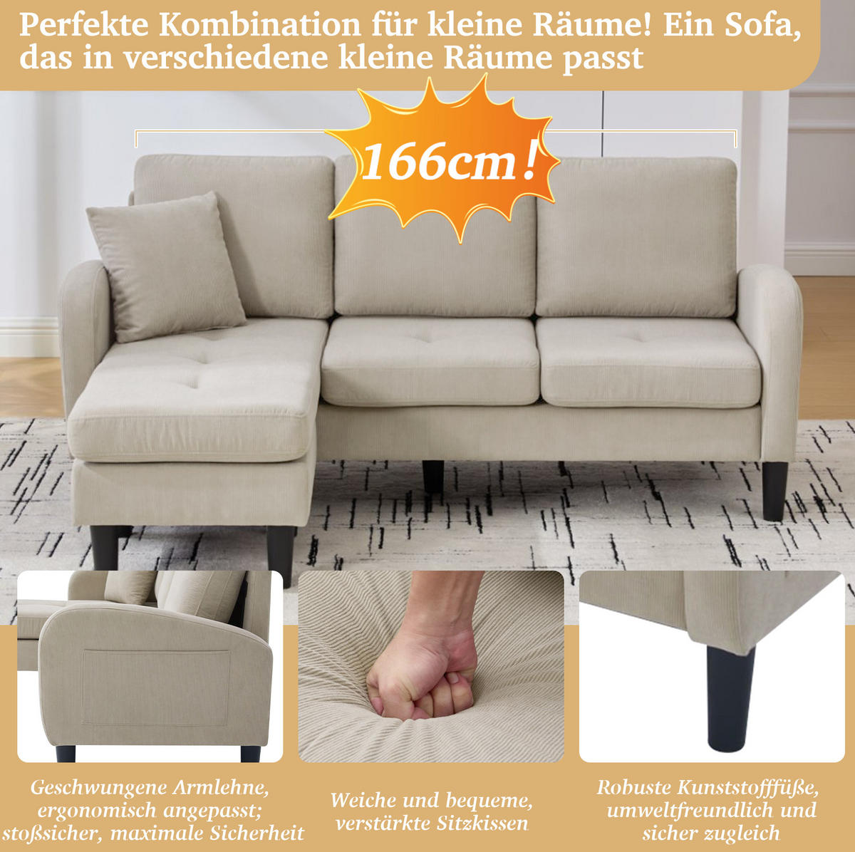 ECKSOFA Cordbezug mit modularer Chaiselongue Hellbraun 166/118/77 cm - Hellbraun, Textil (166/118cm) - Redom
