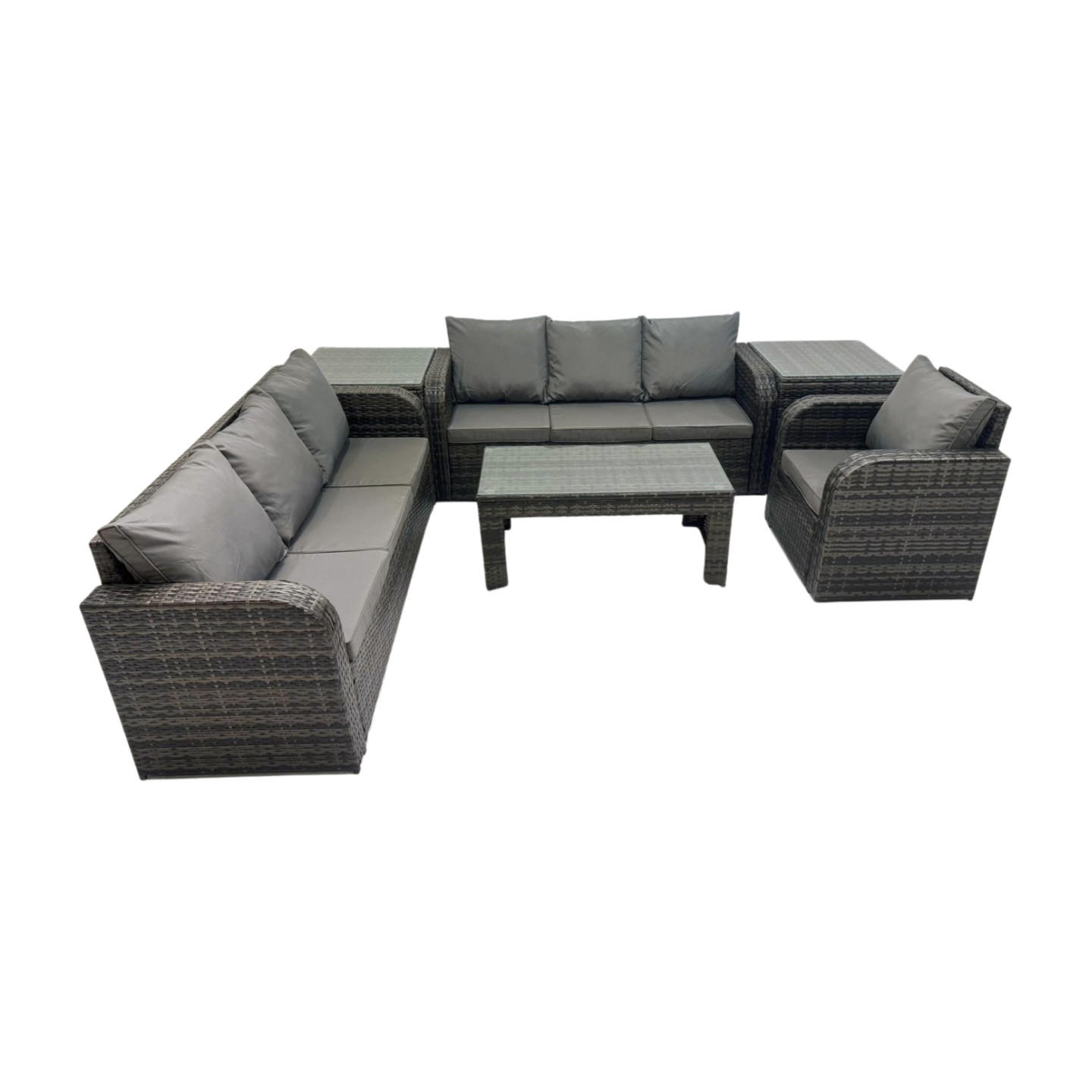 GARTENSOFA SET mit rechteckigem COUCHTISCH Polyrattan 7-Sitzer Dunkelgrau - Dunkelgrau/Grau, Glas/Kunststoff - Fimous