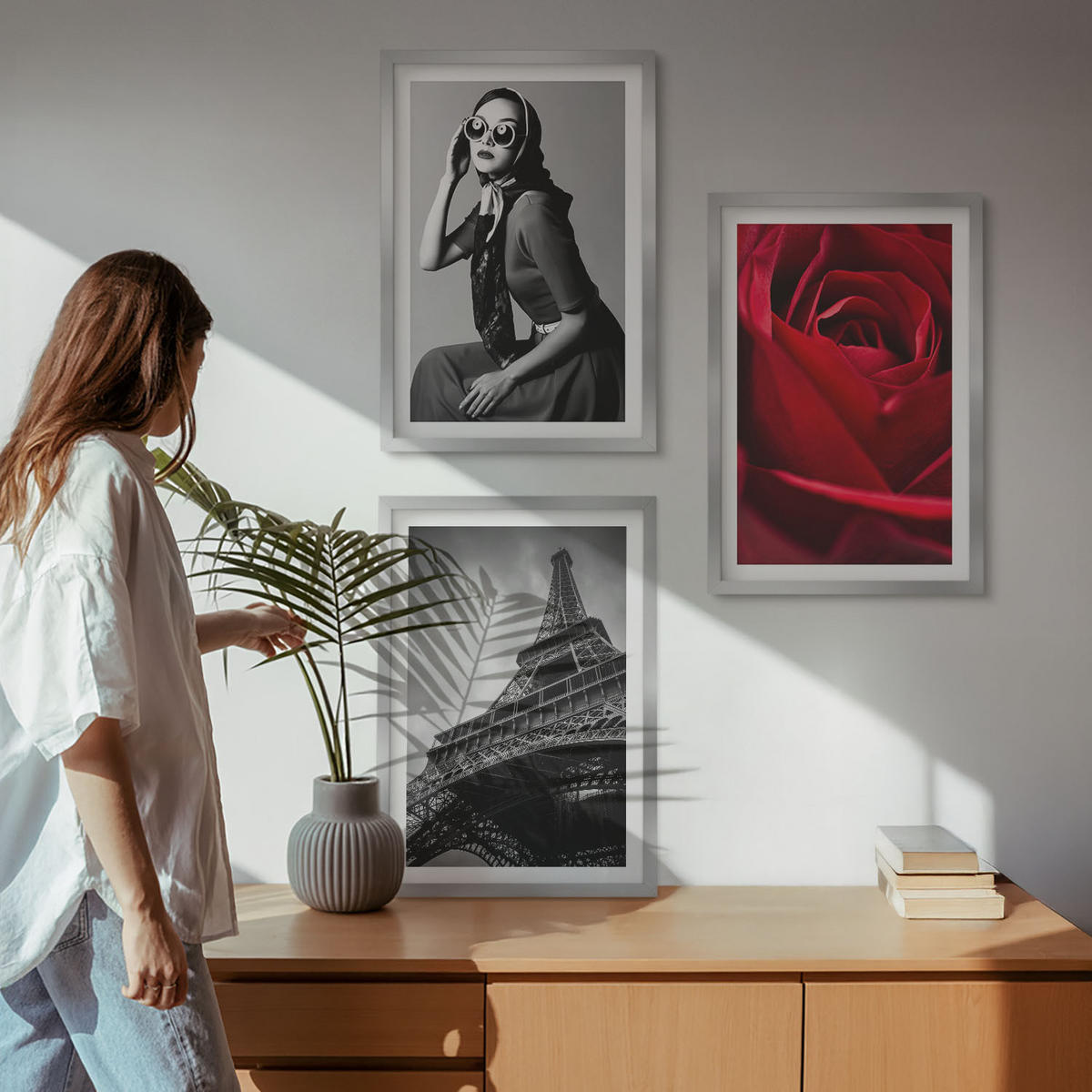 BILDER SET 3er Set - 40x60 cm Silberner Rahmen - Pariserin mit Eiffelturmbrille - Silberfarben, Kunststoff (40/60cm) - TULUP