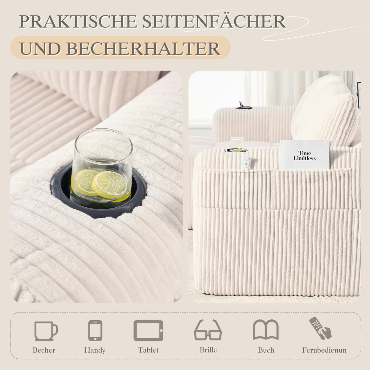 KOMPAKTSOFA Cord mit modularen Elementen und Becherhalter 253/158/61 cm Beige - Beige, Textil (158/253cm) - Redom