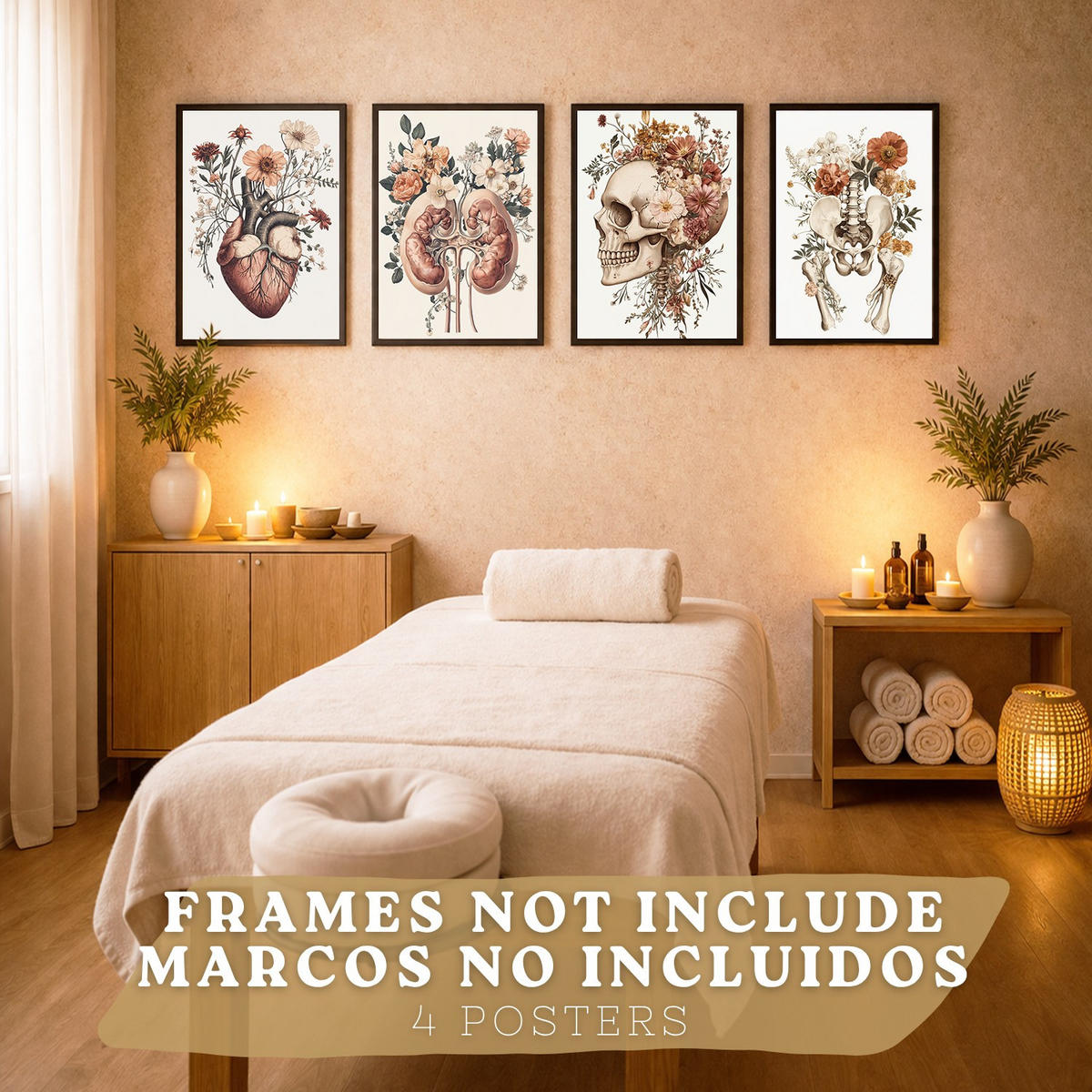 POSTER Set aus 4 Anatomie Drucke und Wandbilder mit Herz Nieren Schädel und Becken Botanischer Stil Medizinische Wanddekoration Größe Rahmenlos A4 - Klar, Papier (21/29.7/3cm) - Nacnic